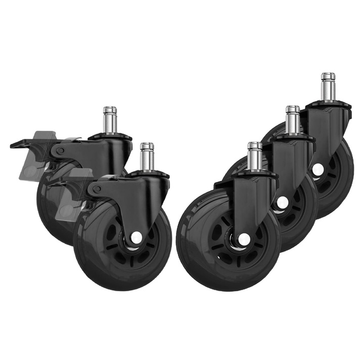 Set de 5 roti de silicon profesional ARKA RX900B, 2,5 inch black, tija 11mm, cu 2 frane, pentru scaun de gaming/birou