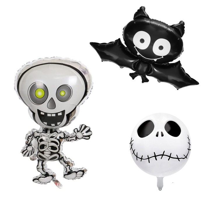 Set 3 baloane Halloween, folie supershape, figurina Schelet, Liliac, Craniu