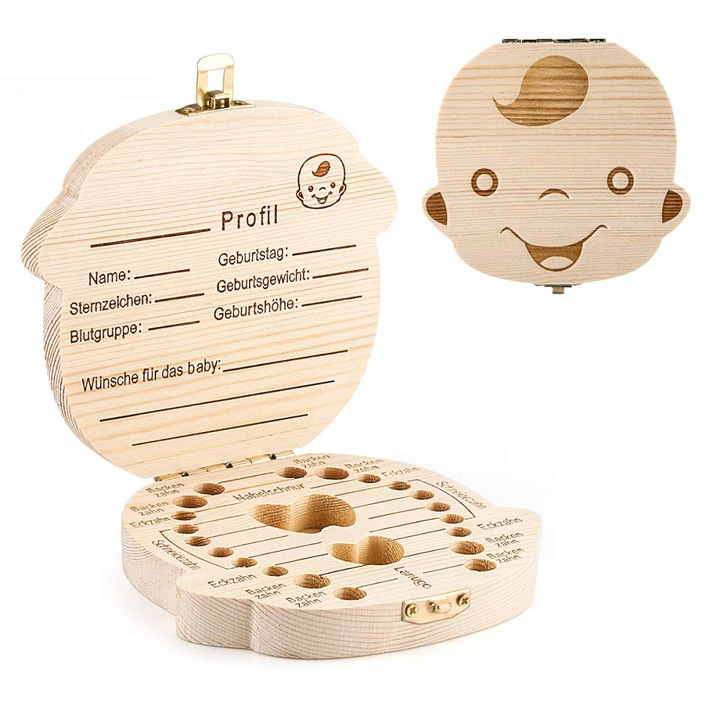 Cutie dinti de lapte, QttvbTna, lemn, 13x11.4x2.8cm, cadou botez
