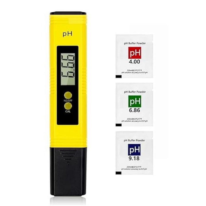 Tester Profesional PH Electronic, Afisaj LCD,3 Plicuri Praf de Calibrare, Baterii Incluse, IP65, Galben/Negru
