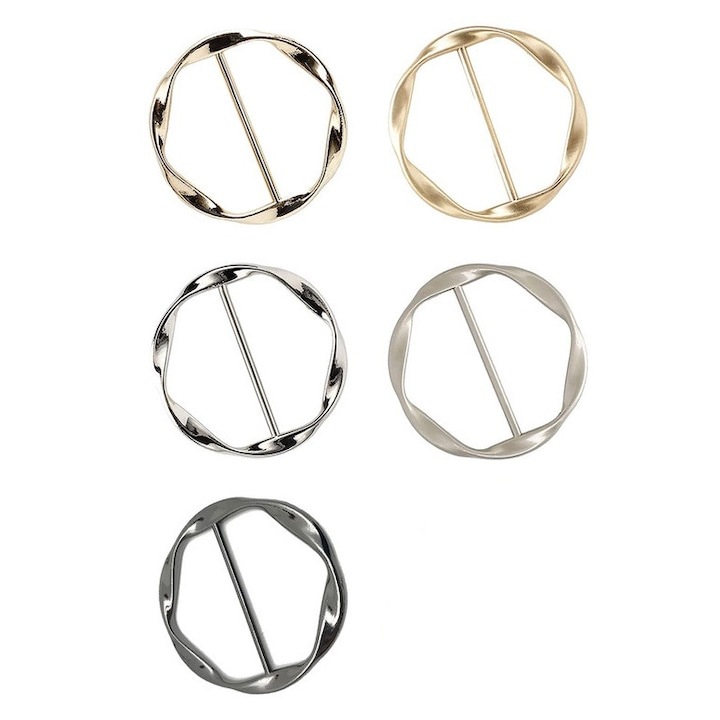 Set 5 accesorii esarfe, Multicolor, Inel pentru esarfa, clips pentru camasa, clips pentru t-shirt, inel pentru cravata pentru femei, clips pentru rasucirea t-shirt-ului, catarama