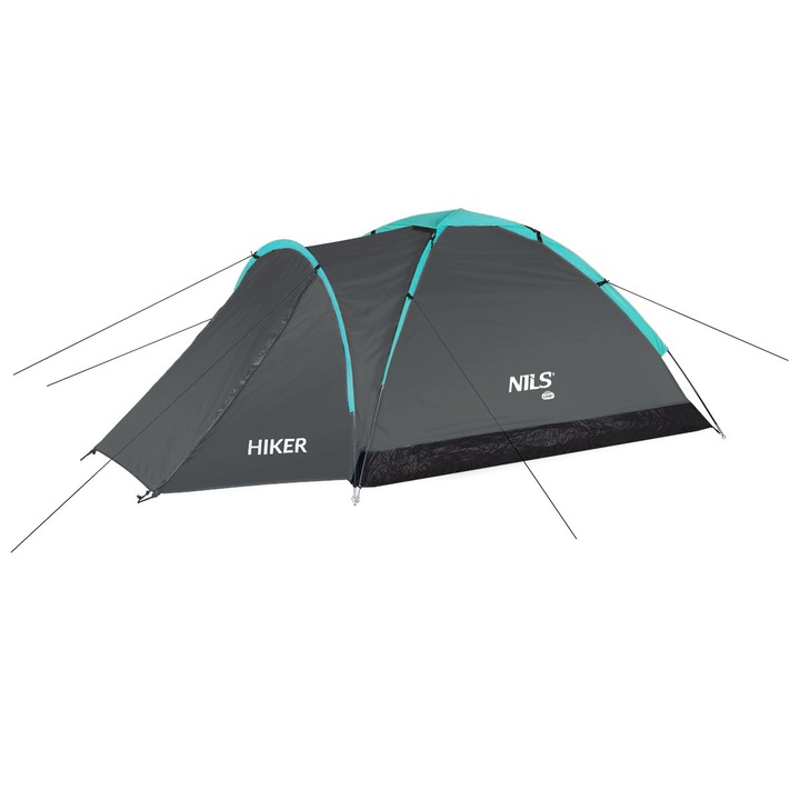 Cort de camping NILS CAMP Hiker, 2 persoane, impermeabil 3000mm, UV si ignifug, gri, 70+205+40x150x105cm