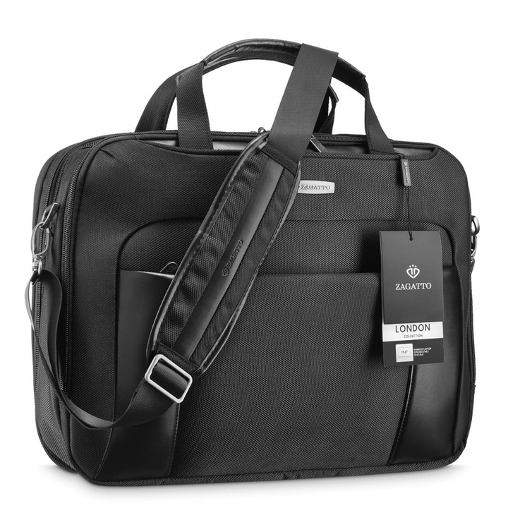 Geanta laptop 15.6 inch, Zagatto London, Extensibila, Atasabila la troler, Impermeabila, Curea de umar si manere de transport, Buzunare exterioare pentru lucrurile esentiale, Dimensiuni 36x45x14 cm, ZG109