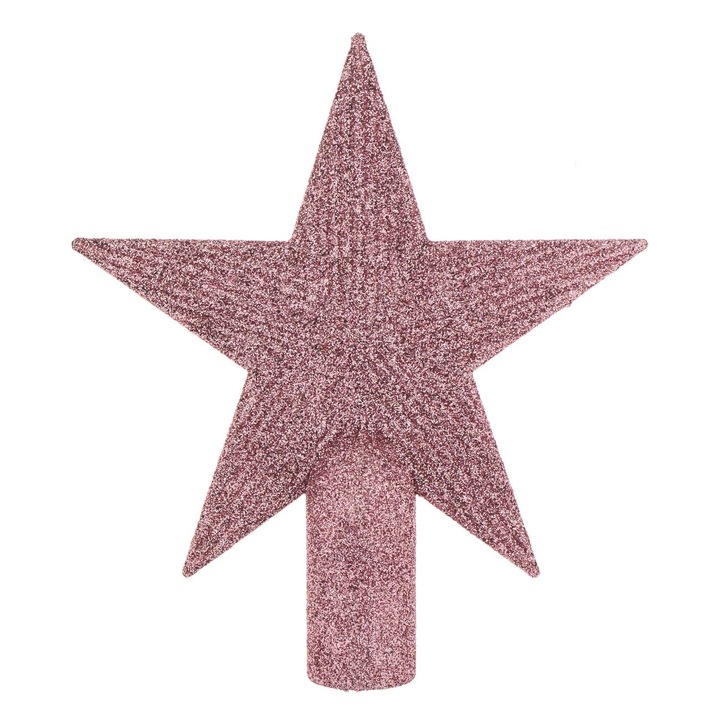 Varf pentru brad Craciun Shopiens® in forma de stea roz cu aspect glitter, 15 cm