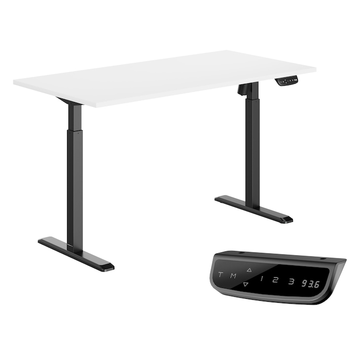 Birou reglabil electric StableDesk, 1 motor, Touchscreen, Ridica 80 kg, Ergonomic, Pentru Office, Gaming, 3 Functii de Memorie, Sistem Anti-Coliziune, Timer, Inaltime 71-119 cm, Cadru Negru, Blat 25 mm Alb - 150 x 75 cm