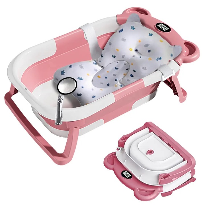 Cadita bebelusi ultrapliabila Little Mom Bear Pink, cu pernuta moale detasabila, termometru incorporat, display digital, suport cap de dus, sistem de agatare, dop pentru evacuarea apei, material non-toxic, 0-24 Luni