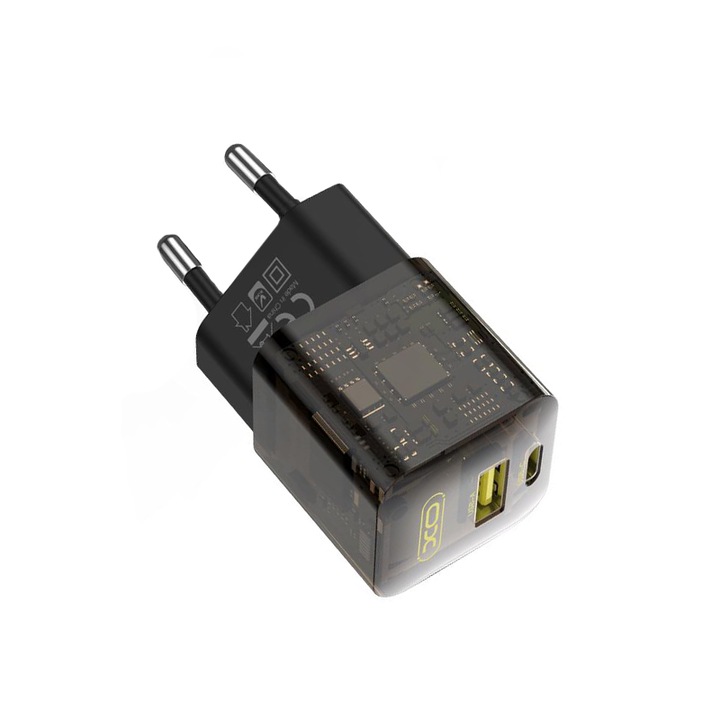 Мрежово зарядно 220V XO 30W USB-A/QC + USB-C/PD GaN CE05 Transparent Series, кафяво