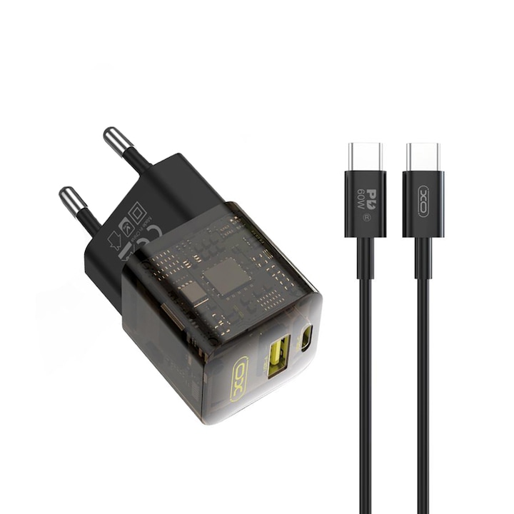 Мрежово зарядно 220V XO 30W USB-A/QC + USB-C/PD GaN + кабел Type-C към Type-C, CE05 Transparent Series, кафяво