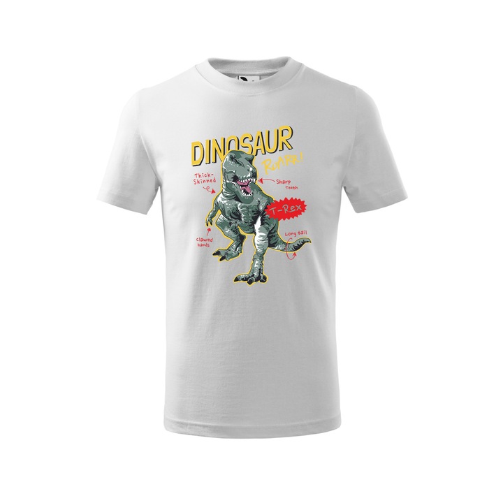 Tricou personalizat Dino #16, Malfini, Bumbac 100%, Alb, Copil, Marime 158