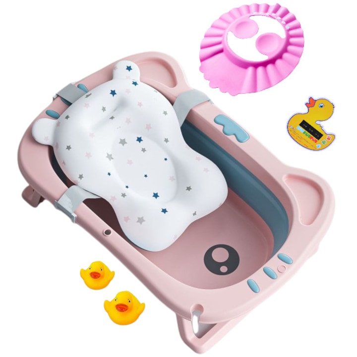 Сгъваема бебешка вана с възглавница, HappyCat, 0-36 месеца, 2 патета и включена защитна каска, играчка термометър, дренажна тапа, перяща се бързосъхнеща възглавница, неплъзгащи се крачета, Ергономичен дизайн, Розово море