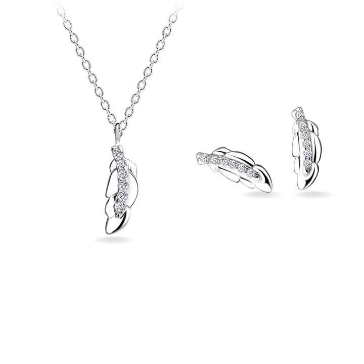 Set Cercei si Colier Feather Boutique 23 din argint 925 rodiat, cutie bijuterii, argintii