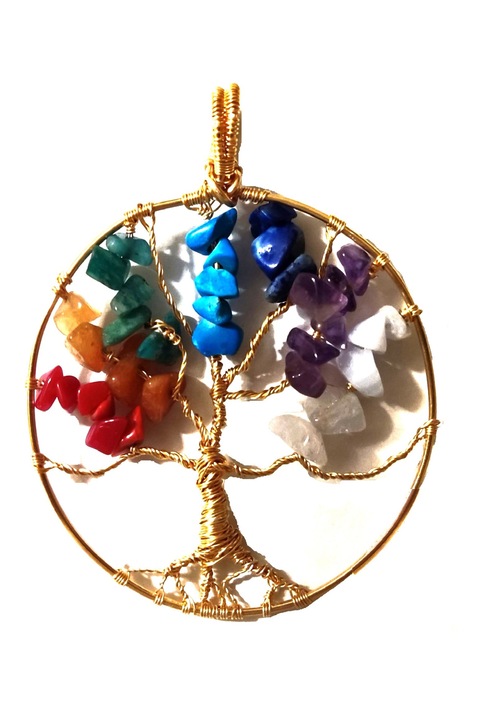 Pandantiv dama, copacul vietii, pietre semipretioase, fir de gilt, auriu, 6 cm