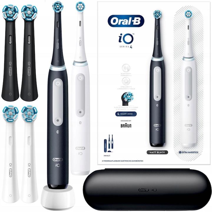 Szett, 2x elektromos fogkefe Oral-B iO Series 4 DUO, fekete, fehér, 4x Reserve Ultimate Clean, utazási tok