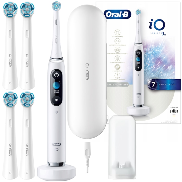 Szett, elektromos fogkefék Oral-B iO Series 9 White Onyx, fehér, 4x Reserve Ultimate Clean