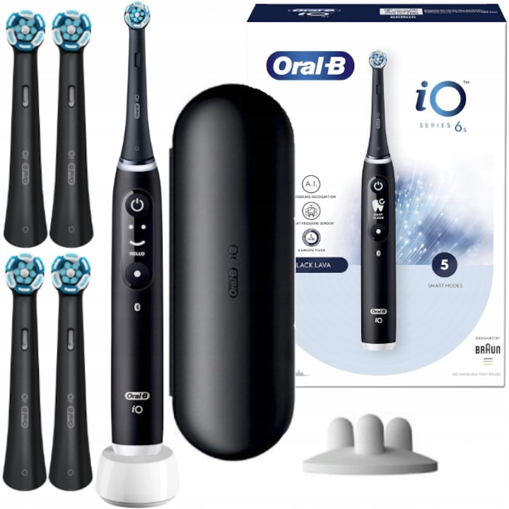 Szett, Elektromos fogkefék Oral-B iO Series 6S Black Lava, Fekete, 4x Ultimate Clean, Utazási tok