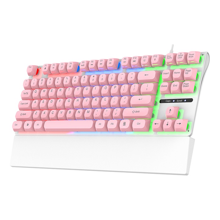 Геймърска клавиатура KINSI, RGB LED, подвижна опора за ръка, розова