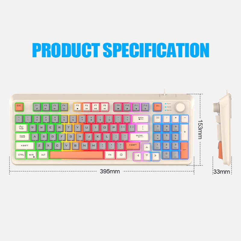 Геймърска клавиатура KINSI, независим бутон за сила на звука, RGB LED ...