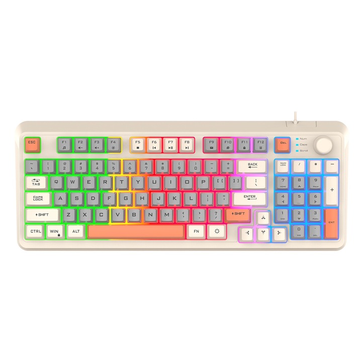Геймърска клавиатура KINSI, независим бутон за сила на звука, RGB LED, Бяла