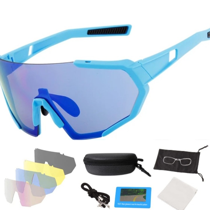 Велосипедни очила с 5 сменяеми стъкла, UV400 защита, Унисекс, полурамка TR90, сини
