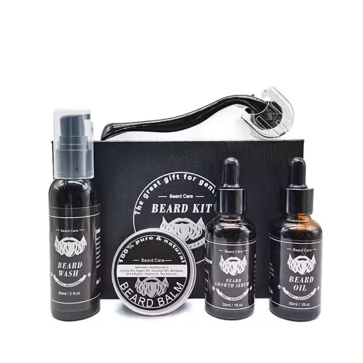 Kit Complet Premium Pentru Intretinerea si Stimularea Cresterii Barbii|Lotiune Curatare 60ML, Ulei Hidratare 30 ML, Ulei Stimulare Crestere 30 ML, Ceara 30G si Rola Dermatologica 0.5 MM|Ingrediente Naturale, Ambalaj Tip CADOU