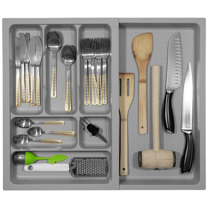 Suport organizare tacamuri MODULAR, pentru latime exterioara corp 400-600 mm, montabil in sertar de bucatarie, gri, LORDLY