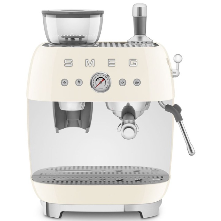 Еспресо кафемашина с интегрирана кафемелачка Smeg EGF03CREU, 50's Style, 1650 W, 15 бара, Крем