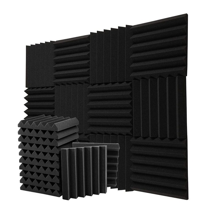 Комплект от 12 самозалепващи се звукопоглъщащи панели за звукоизолация от огнеупорна полиуретанова пяна, черни - MaffStuff®