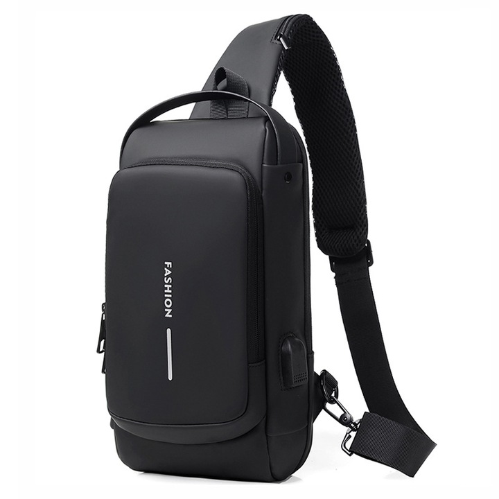 Geanta casual sport cu antifurt cu cifru, rezistenta la apa, incarcare USB, buzunar card, negru