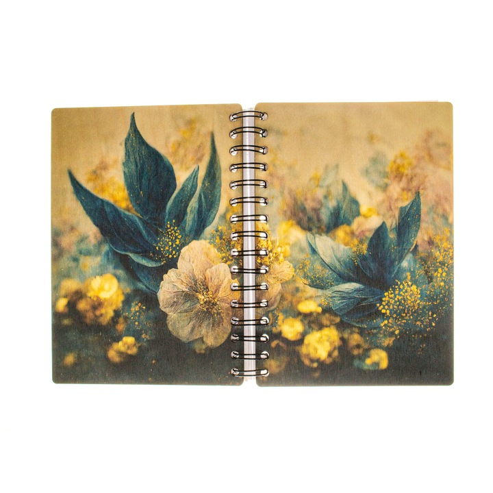 Agenda A5 cu spira metalica, lemn, cu motiv albastru-aur, 70 file, 100 g/ mp, 170 x 215 mm