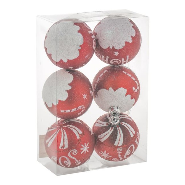 Set 6 globulete brad de Craciun Shopiens®, rosii cu dodele albe HoHoHo Joy Glitter, 8 cm