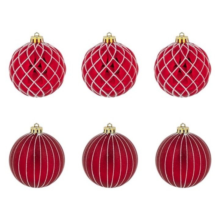 Set 6 globulete brad de Craciun Shopiens®, rosii cu model dungi si romburi glitter, 8 cm