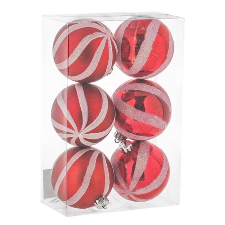 Set 6 globulete brad de Craciun Shopiens®, rosii cu model cu dungi aurii glitter, 8 cm