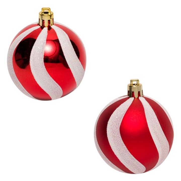 Set 6 globulete brad de Craciun Shopiens®, rosii stralucitoare cu model dungi albe, 6 cm