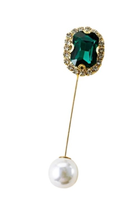 Brosa ac verde cu perla, aliaj de cupru, aurie, 2 cm