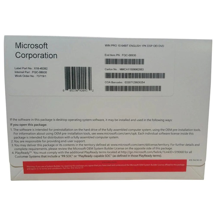 Програма Microsoft, Windows 10 PRO 64-bit ENG INTL, 1PK, DSP OEI DVD