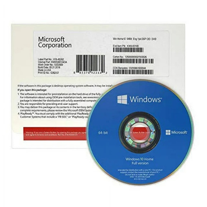 Microsoft® Windows 10 HOME 64 bites ENG INTL, 1PK, DSP OEI DVD