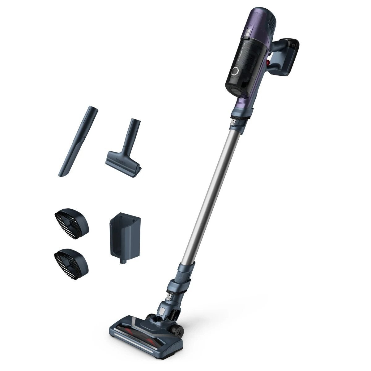 Aspirator vertical Rowenta cu un design modern pentru o folosire cat mai usoara, fara sac cu aspirare uscata si functie Boost, iluminare LED, gri-mov, 100W