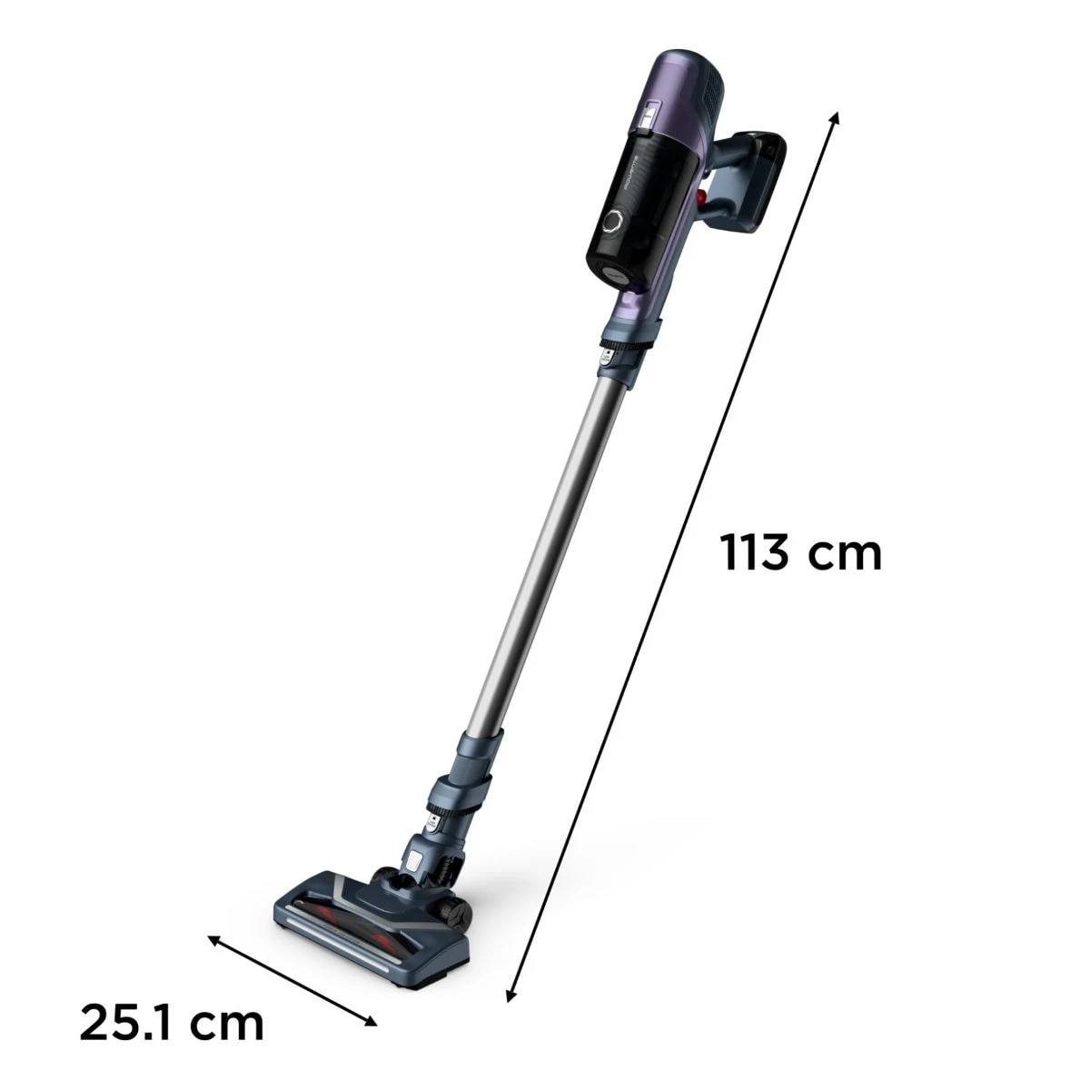 Aspirator vertical Rowenta cu un design modern pentru o folosire cat mai usoara, fara sac cu aspirare uscata si functie Boost, iluminare LED, gri-mov, 100W