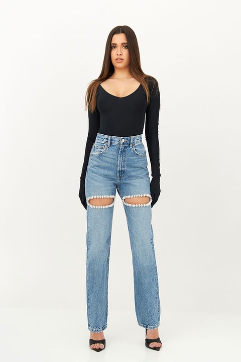 Blugi dama, ELINE STUDIOS, Crystals, Denim, Albastru, 40EU