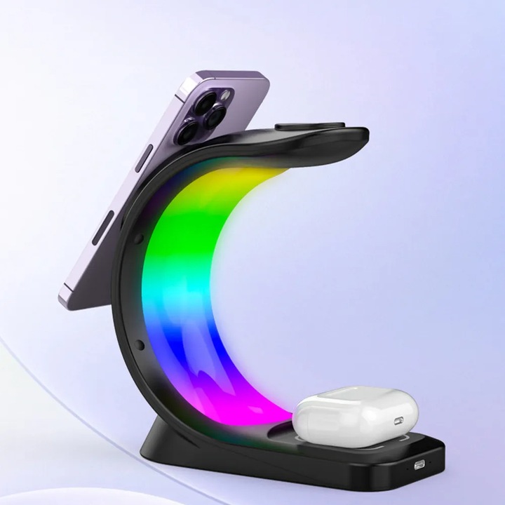 3 az 1-ben vezeték nélküli töltő RGB fényekkel, VENTLEX, Telefon, Óra és Fejhallgató Töltőállomás, Gyors töltés 15W, Magsafe mágneses töltés, Fekete