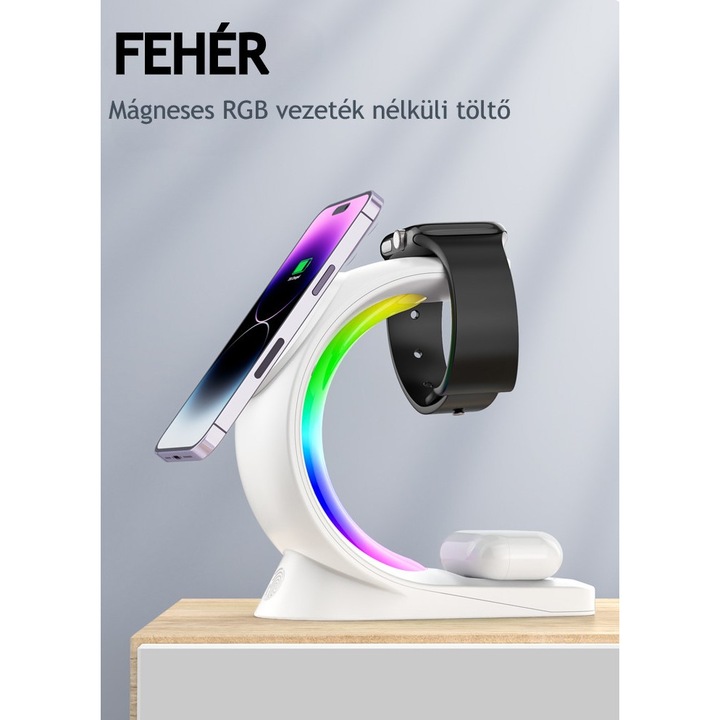 3 az 1-ben vezeték nélküli töltő RGB fényekkel, VENTLEX, Telefon, Óra és Fejhallgató Töltőállomás, Gyors töltés 15W, Magsafe mágneses töltés, Fehér