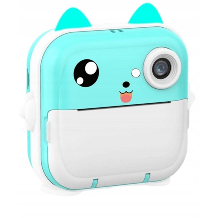 Детска камера с функция за печат, 24Mpx резолюция, 2.4" цветен LCD дисплей, включени 8 ролки хартия, Handloteka®, Turquoise