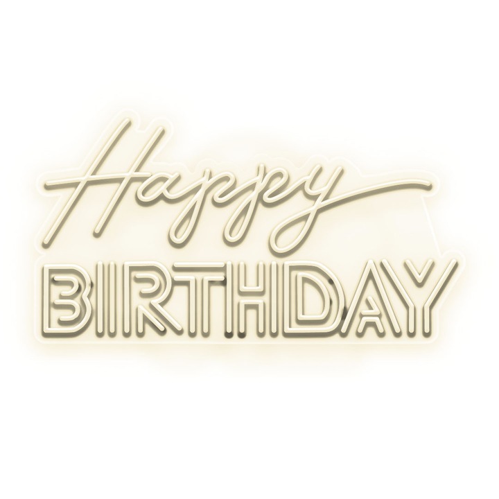 Semn Luminos LED Neon Happy birthday, Alb cald, 92x75x0.8cm