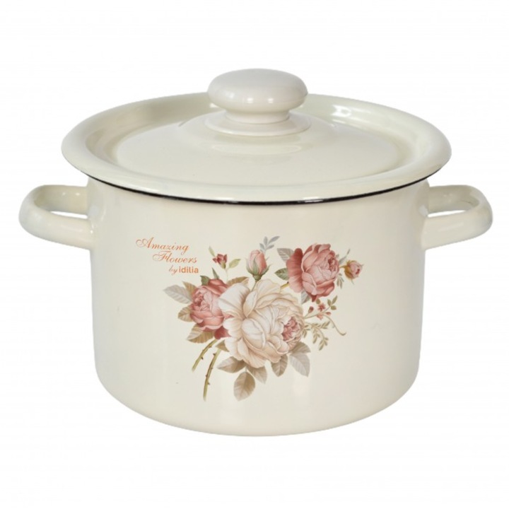 Oala emailata Rose Amazing Flower, cu capac 3L, otel carbon