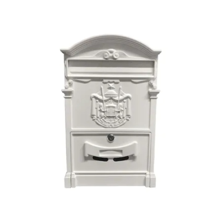 Postaláda, fém, kültérre, méretek 410x260x90mm, elülső nyílással, fehér