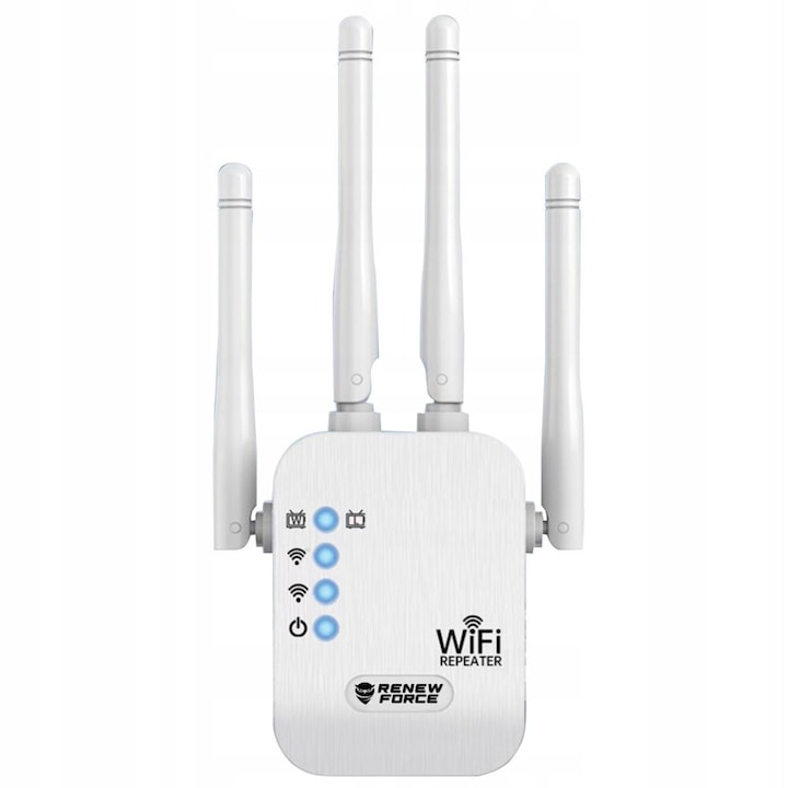 Усилвател на безжичен сигнал, Renew Force, разширител на WiFi мрежа, трансфер до 1200Mbps, 2.4G-5G мрежа, WPA/WPA2 връзка, 4 антени, LAN порт, бял