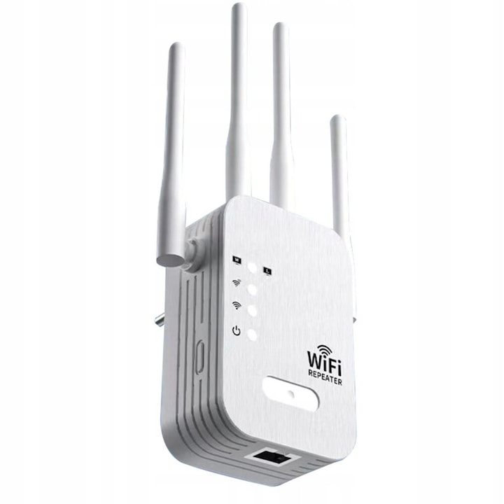 Усилвател на безжичен сигнал, Renew Force, WiFi мрежов разширител, трансфер до 300Mbps, 2.4G мрежа, WPA/WPA2 връзка, 4 антени, LAN порт, бял