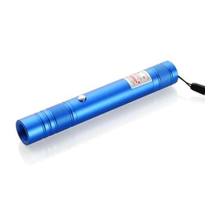 Laser pointer profesional cu lumina verde cu acumulator, 2 chei, incarcator, snur, albastru