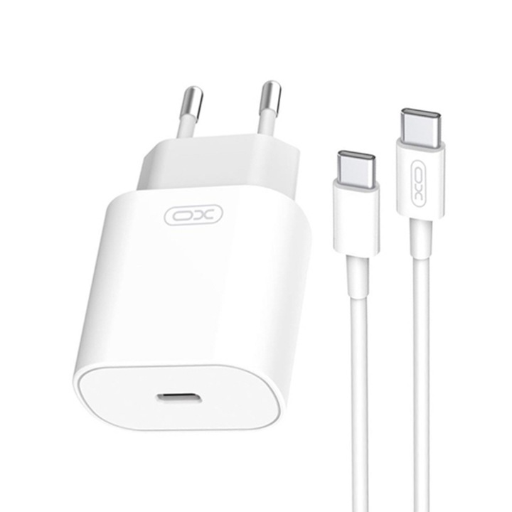 Мрежово зарядно 220V XO 25W, USB Type-C + Type-C Кабел, 3A, L91, бяло