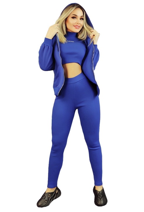 Compleu sport din 3 piese: buza crop-top; colanti si hanorac cu fermoar M/L, Albastru